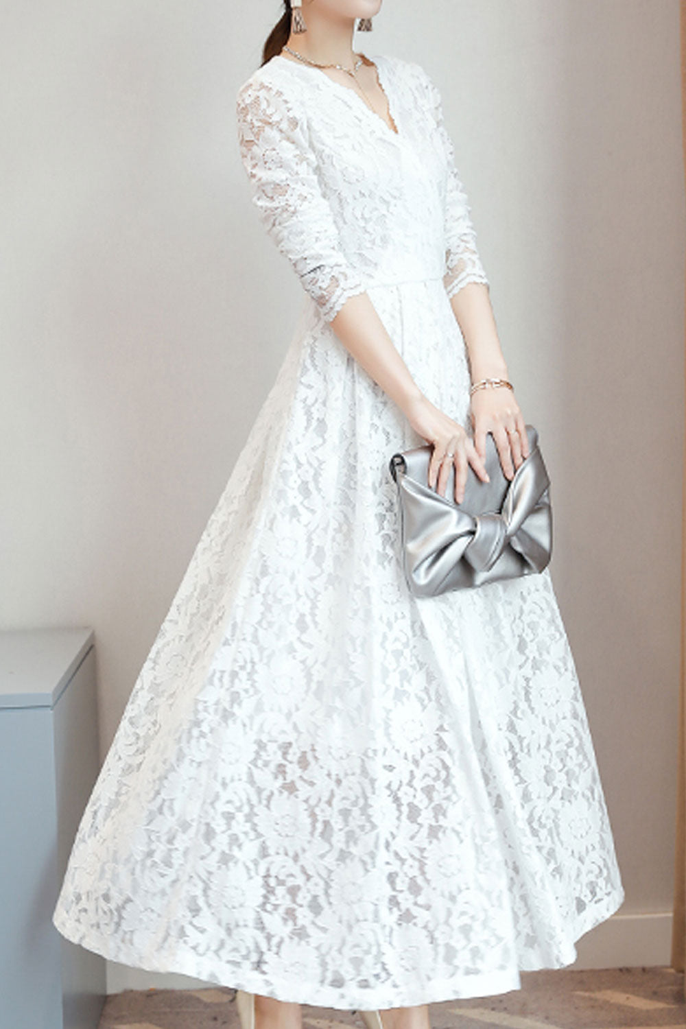 Women Lace Decorated Long Sleeve Dress - C2281JPD