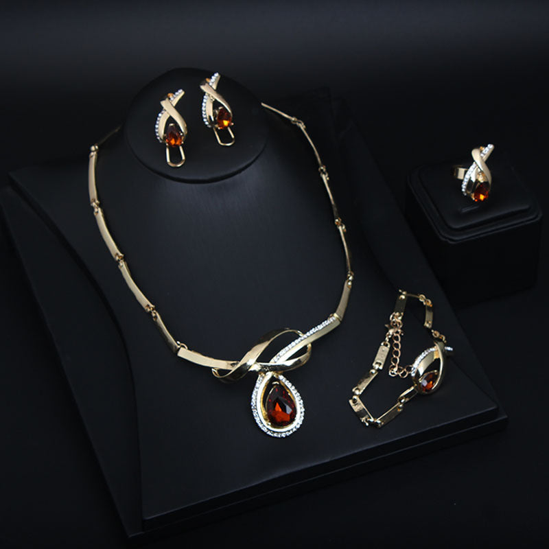 Vintage Faux Amber Bright Gemstone Jewelry Set Necklace and Earrings Four-Piece Set