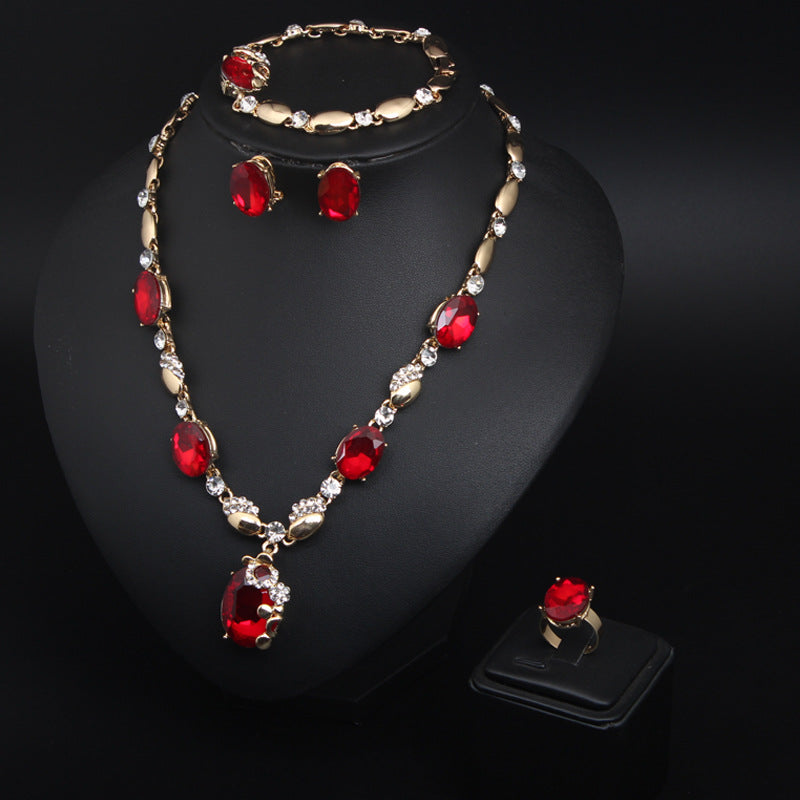 European and American fashion gemstone jewelry necklace set bridal female alloy jewelry four-piece set