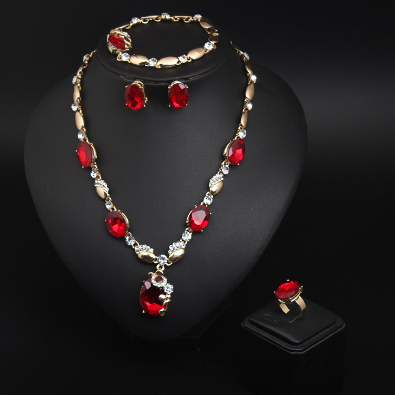 European and American fashion gemstone jewelry necklace set bridal female alloy jewelry four-piece set