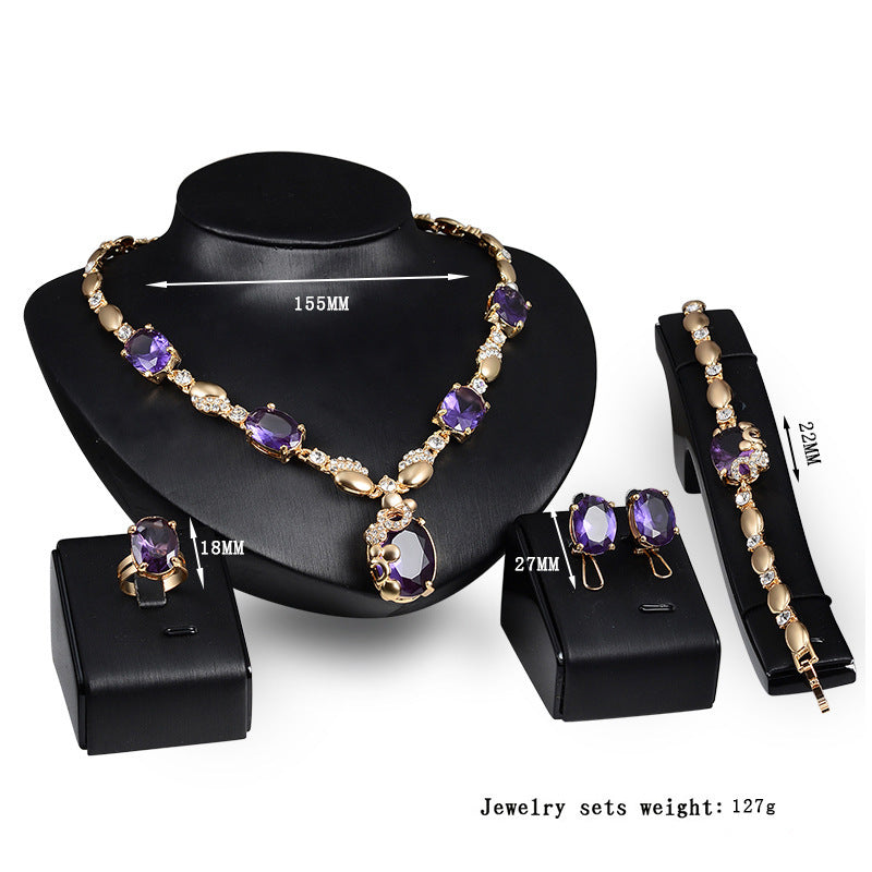 European and American fashion gemstone jewelry necklace set bridal female alloy jewelry four-piece set