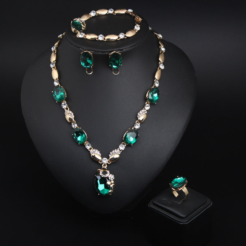 European and American fashion gemstone jewelry necklace set bridal female alloy jewelry four-piece set