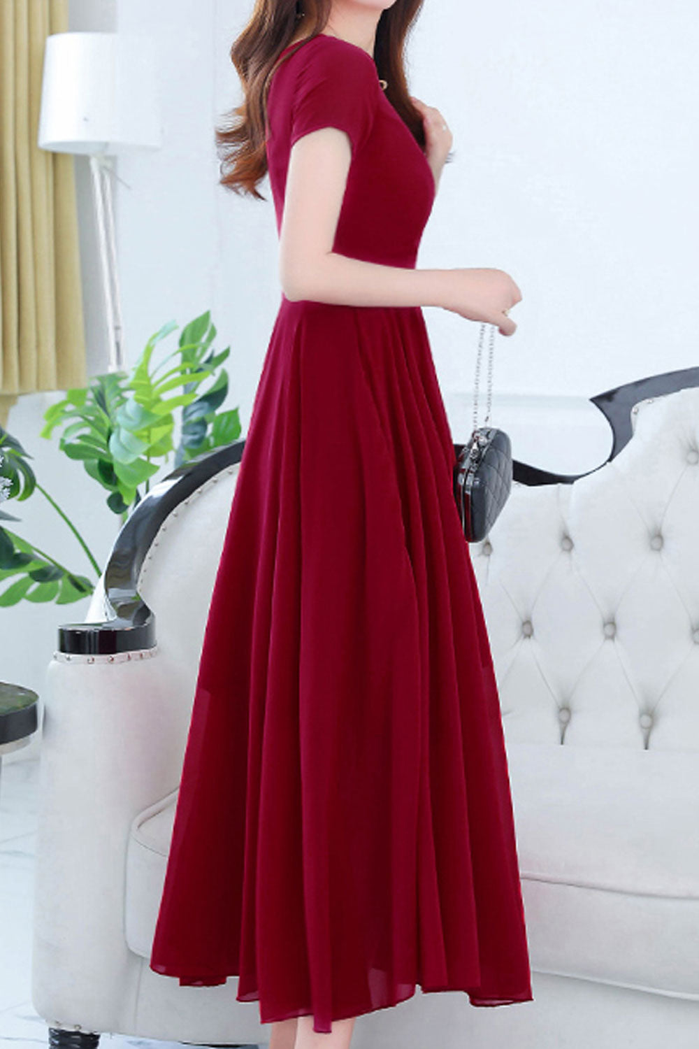 Women Short Sleeve Solid Color Fashion Swing Dress - C1602KMD