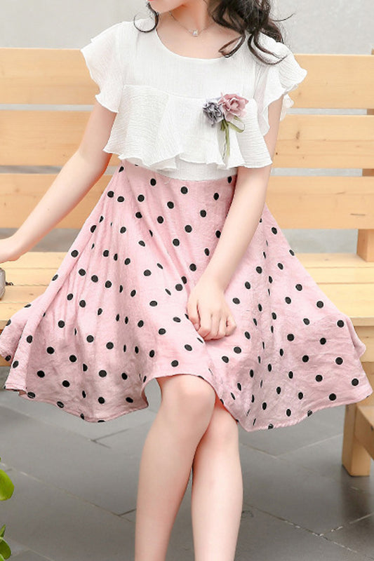 Kids Girls Cute Polka Dotted Summer Round Neck New Short Sleeve Breathable Dress - KGD75285