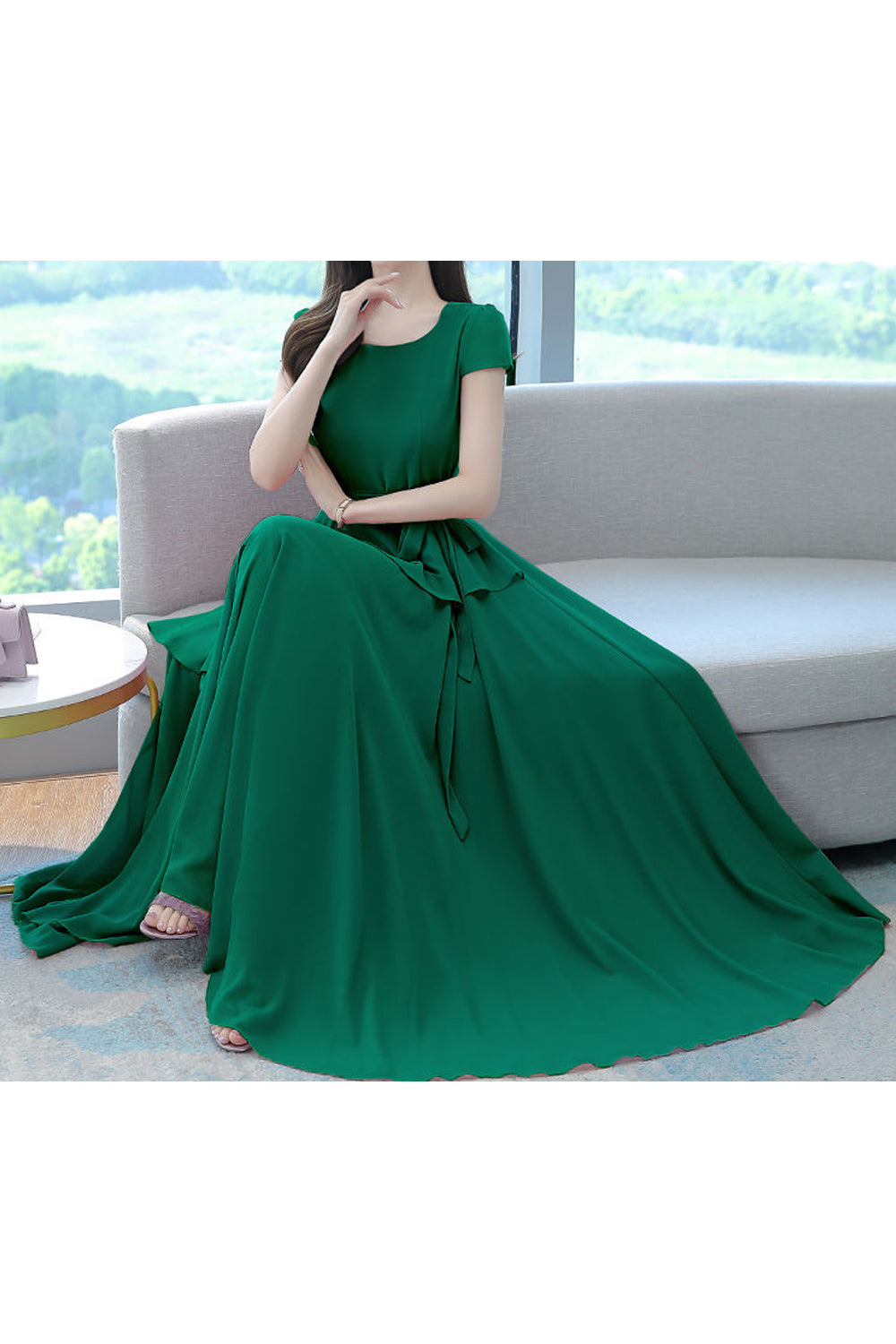 Women Thin Short Sleeve Long Length Solid Colored Pretty Square Neck Dress - STKUWD410