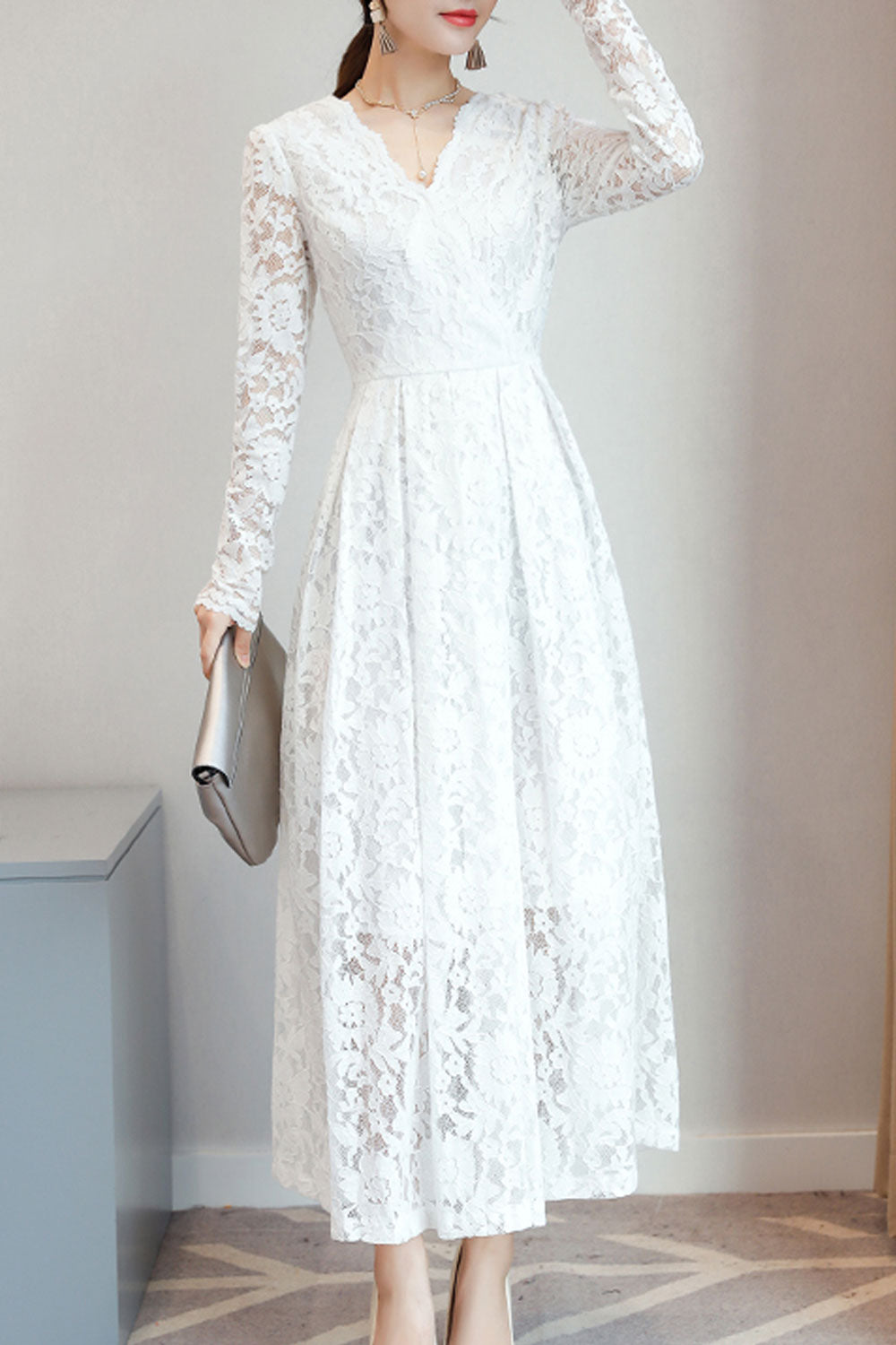 Women Lace Decorated Long Sleeve Dress - C2281JPD