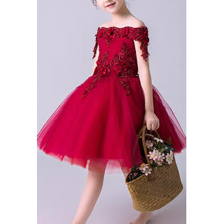 Kids Girls Half Sleeve Flower Decorated Solid Colored Puffy Thin Skirt Princess Dress - KGD77123