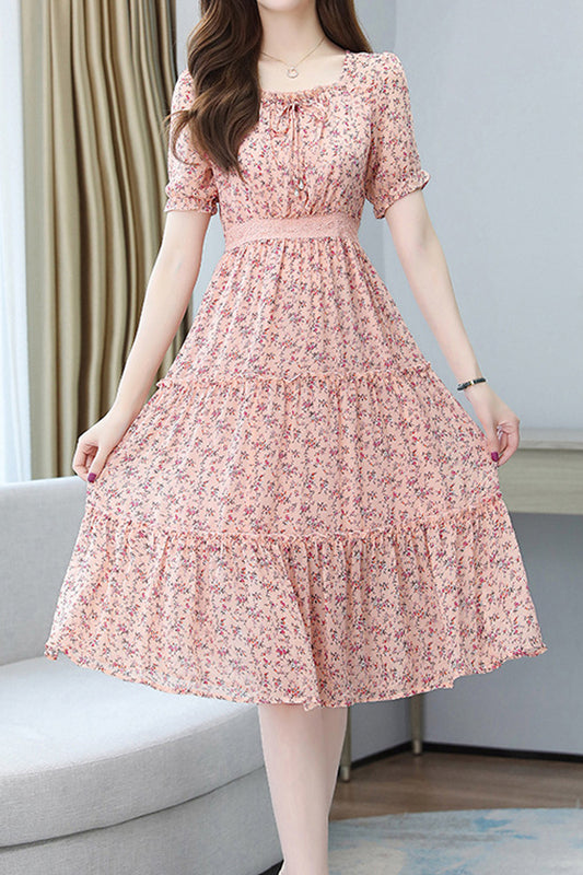 Women Beautiful Floral Pattern Square Neck Short Sleeve Knee Length Chiffon Casual Dress - WDC14565