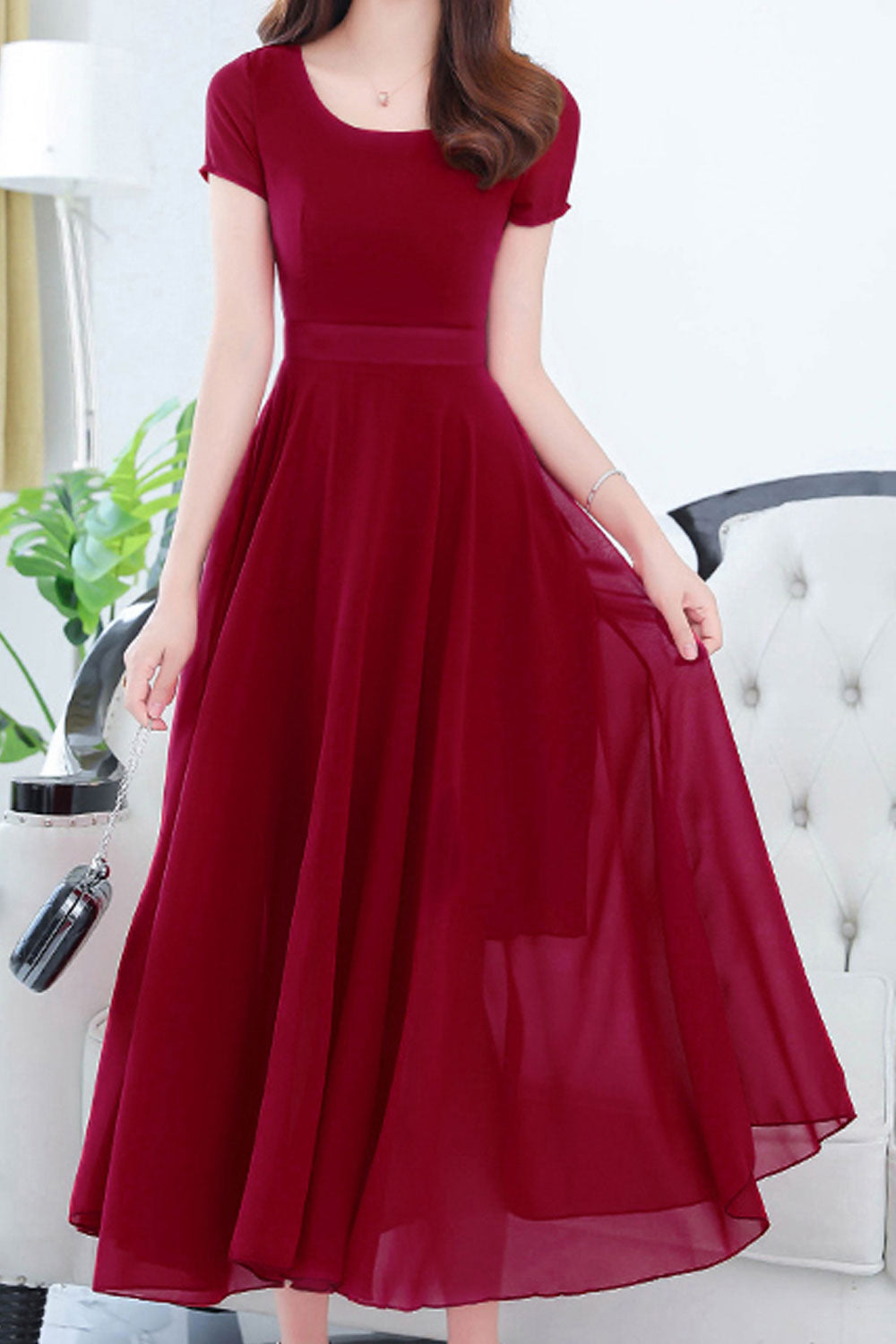 Women Short Sleeve Solid Color Fashion Swing Dress - C1602KMD