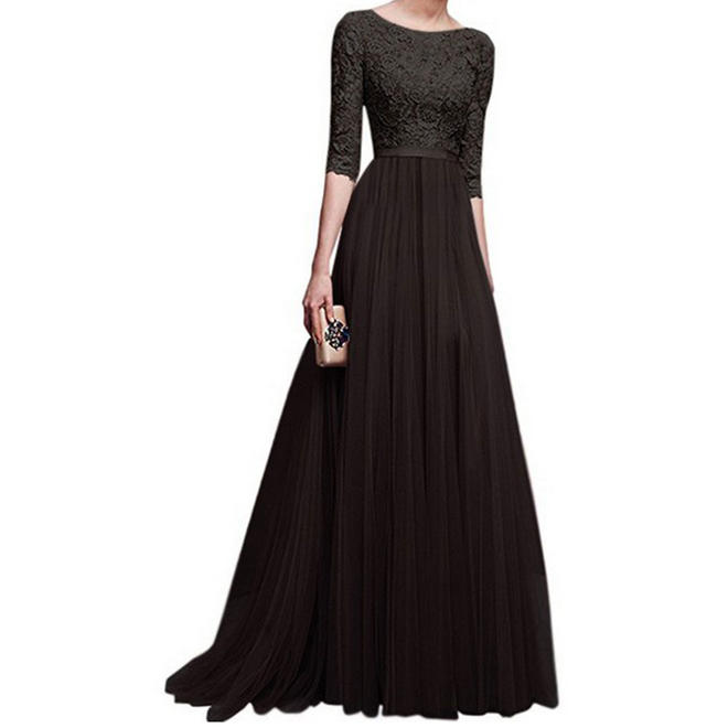 Women Long Length Pleated Skirt Elbow Sleeve Solid Colored Thin Breathable Dress - C052UD