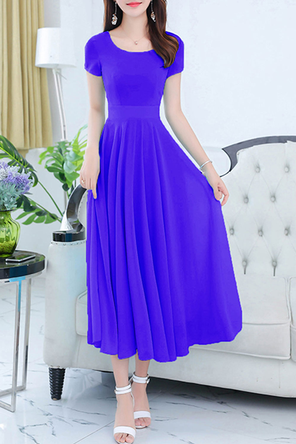 Women Short Sleeve Solid Color Fashion Swing Dress - C1602KMD