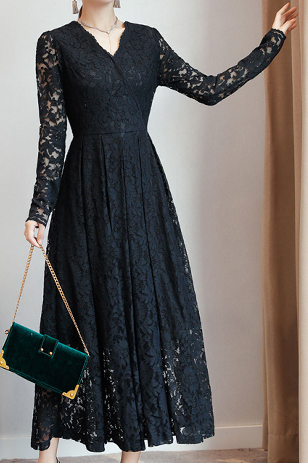 Women Lace Decorated Long Sleeve Dress - C2281JPD