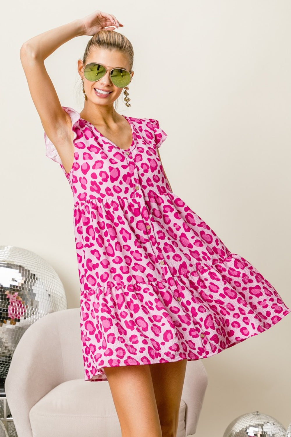 Women's BiBi Leopard Cap Sleeve Tiered Mini Dress