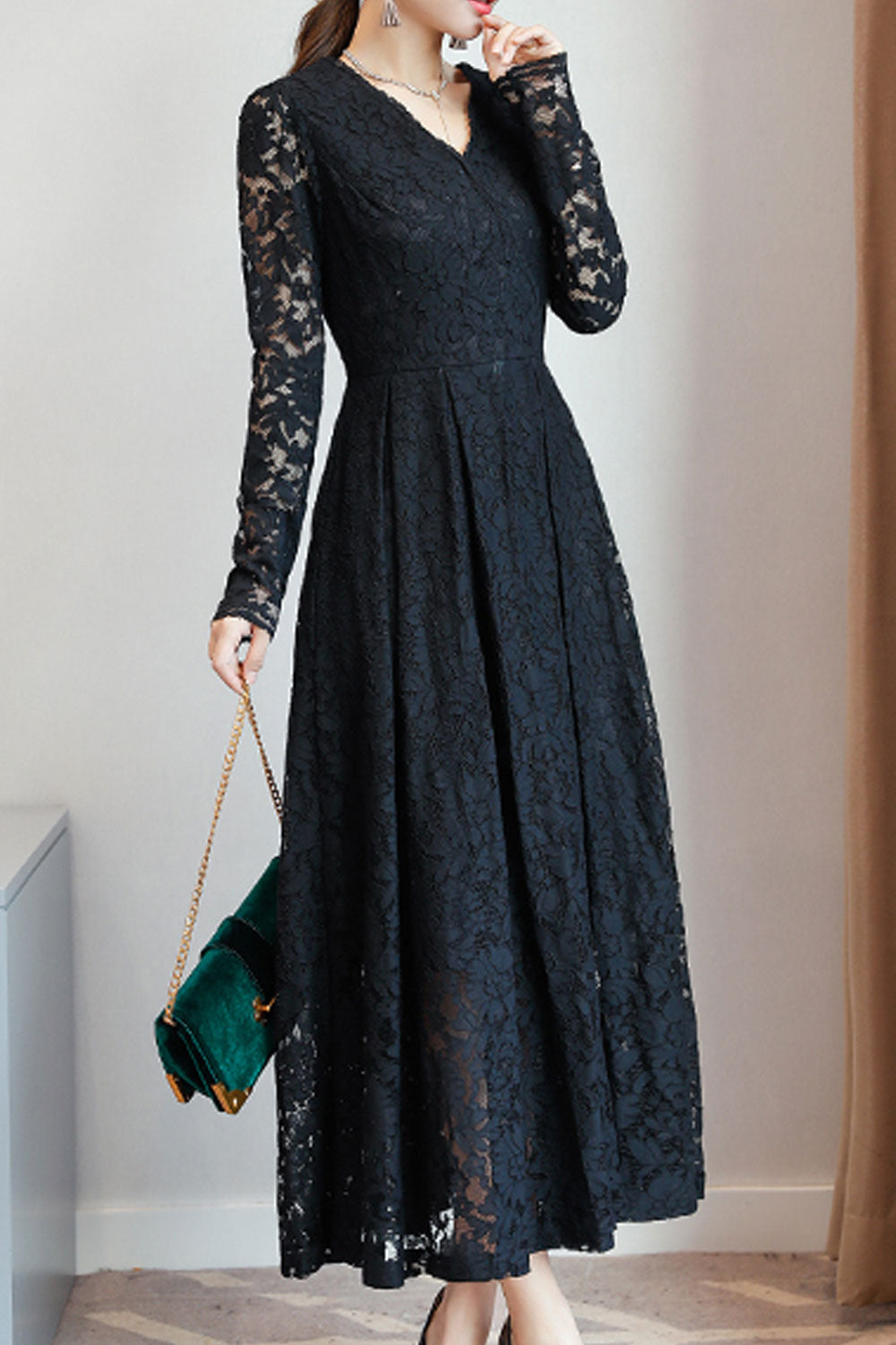 Women Lace Decorated Long Sleeve Dress - C2281JPD