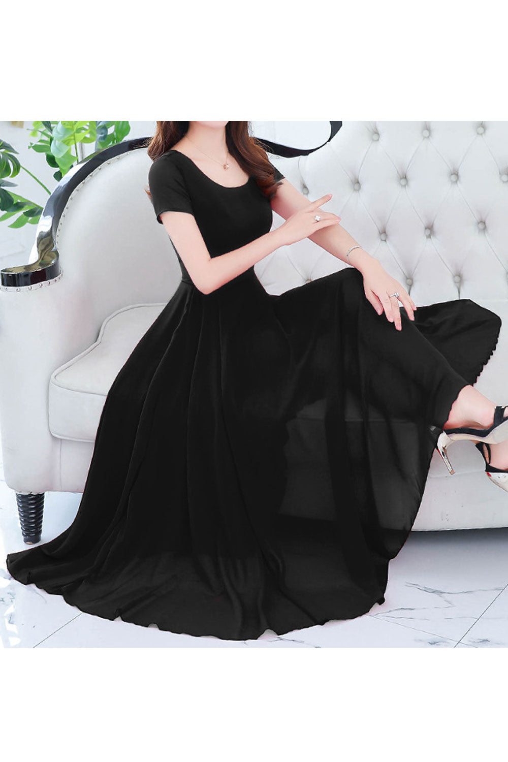 Women Short Sleeve Solid Color Fashion Swing Dress - C1602KMD