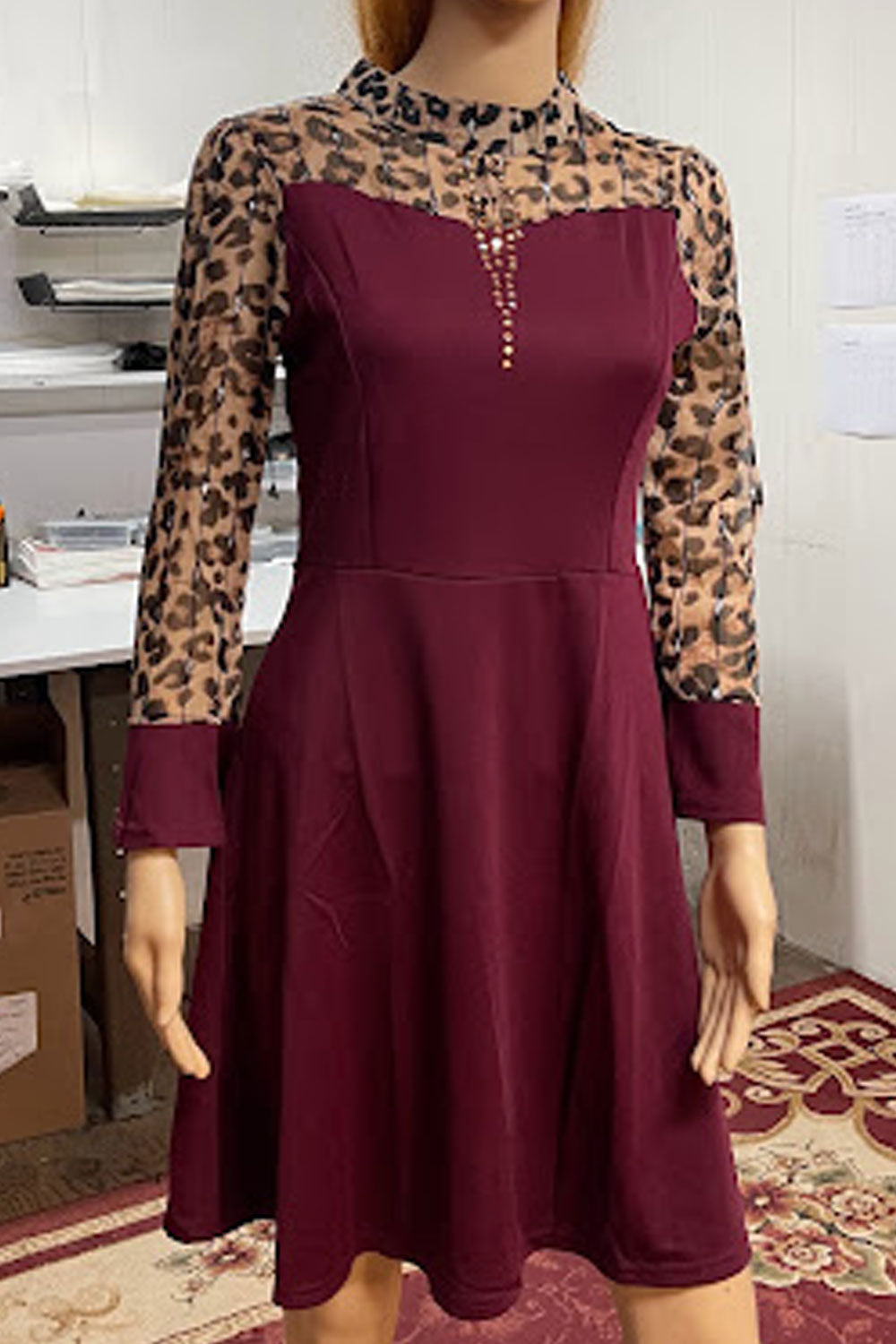 Women Outstanding Leopard Printed Round Neck Slim Fit Comfy Fabric Constructed A-Line Dress - WD118197