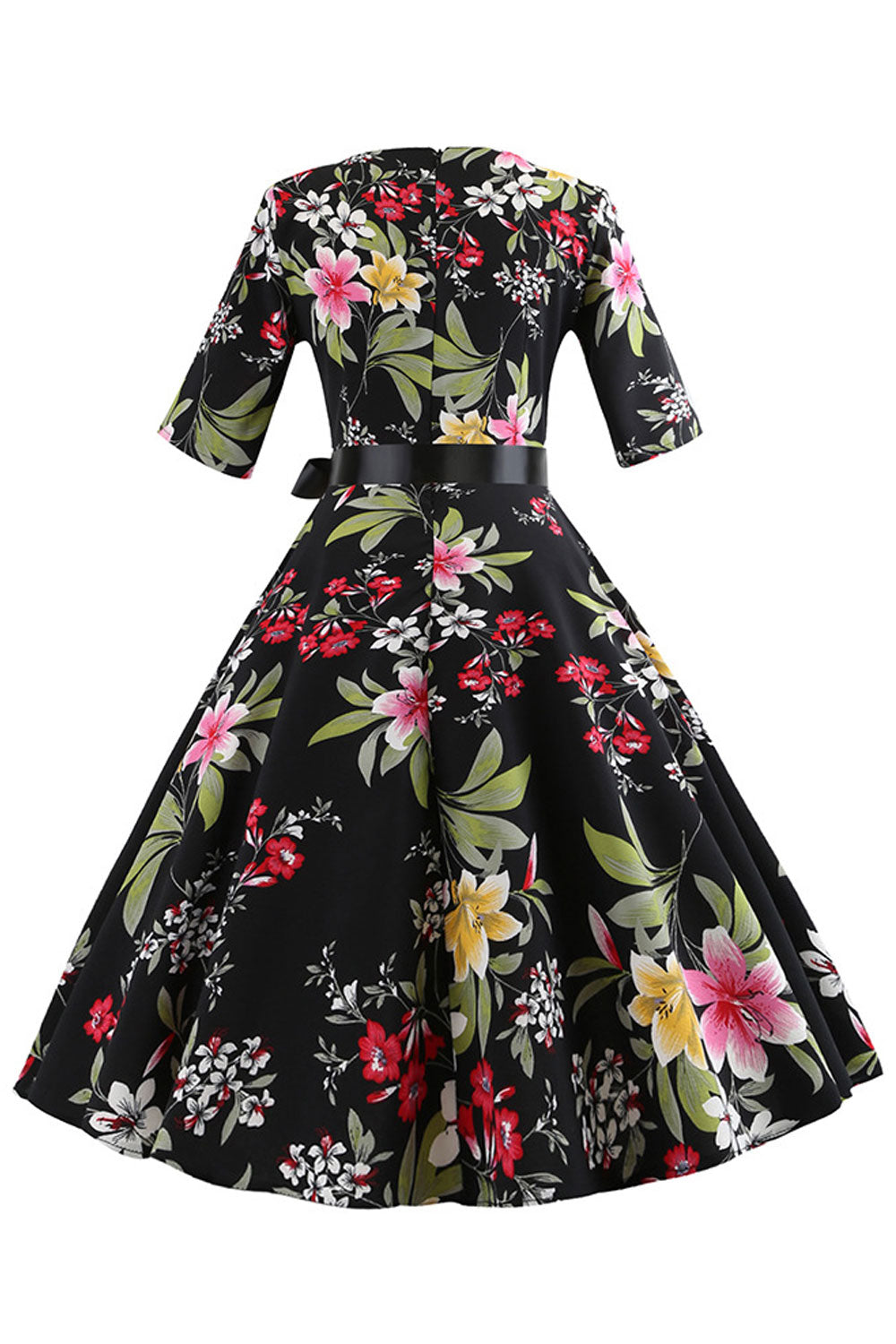 Women Lovely Floral Printed Short Sleeve Round Neck Ribbon Waist Elegant Swing Skirt Dress - WDC60012