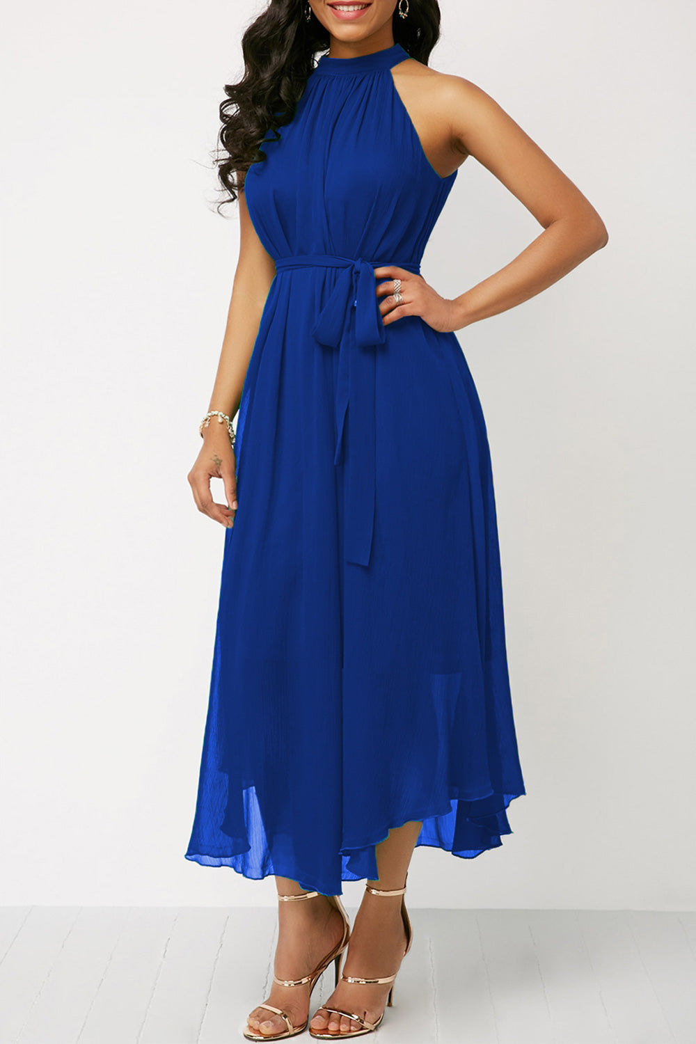 Women Solid Colored Thin Ventilated Halter Neck Thin Mesh Skirt Elegant Chiffon Dress - C409ZWD