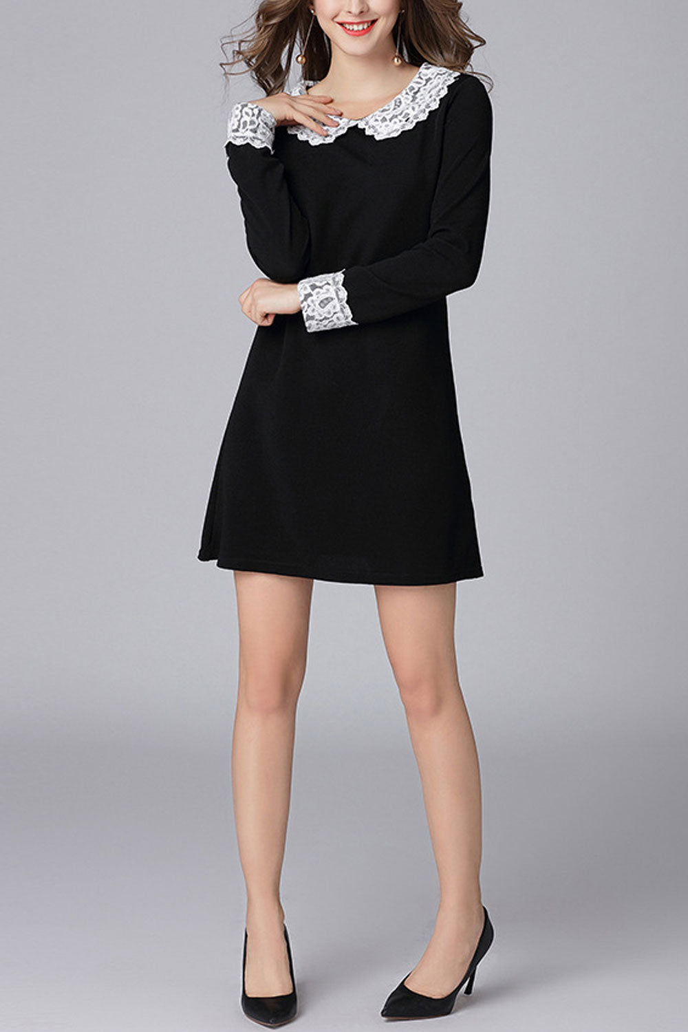 Women Long Sleeves Peter Pan Net Designed Collar Dress - WD117631