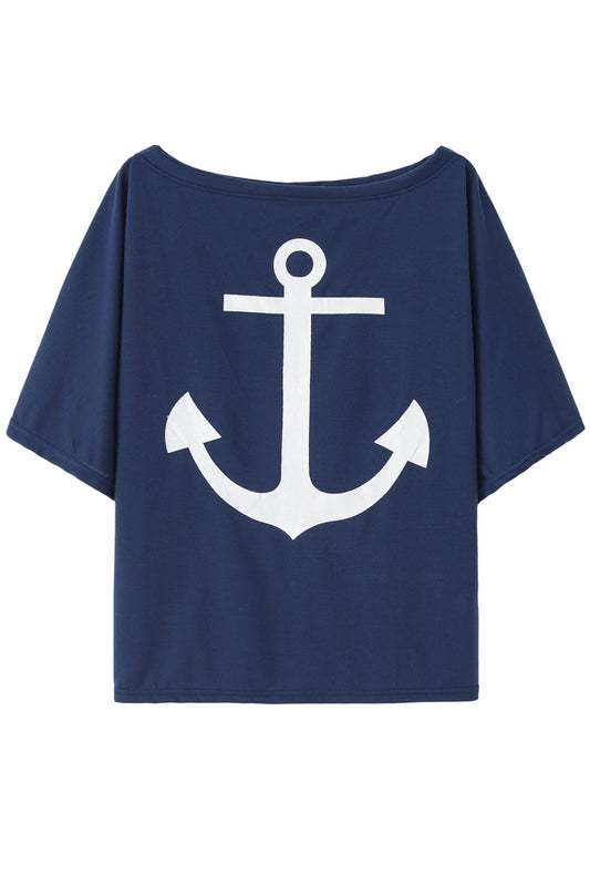 Women Comfy Ship Anchor Printed Off-Shoulder Sleeve Relaxable & Casual T-Shirt - WSB9591