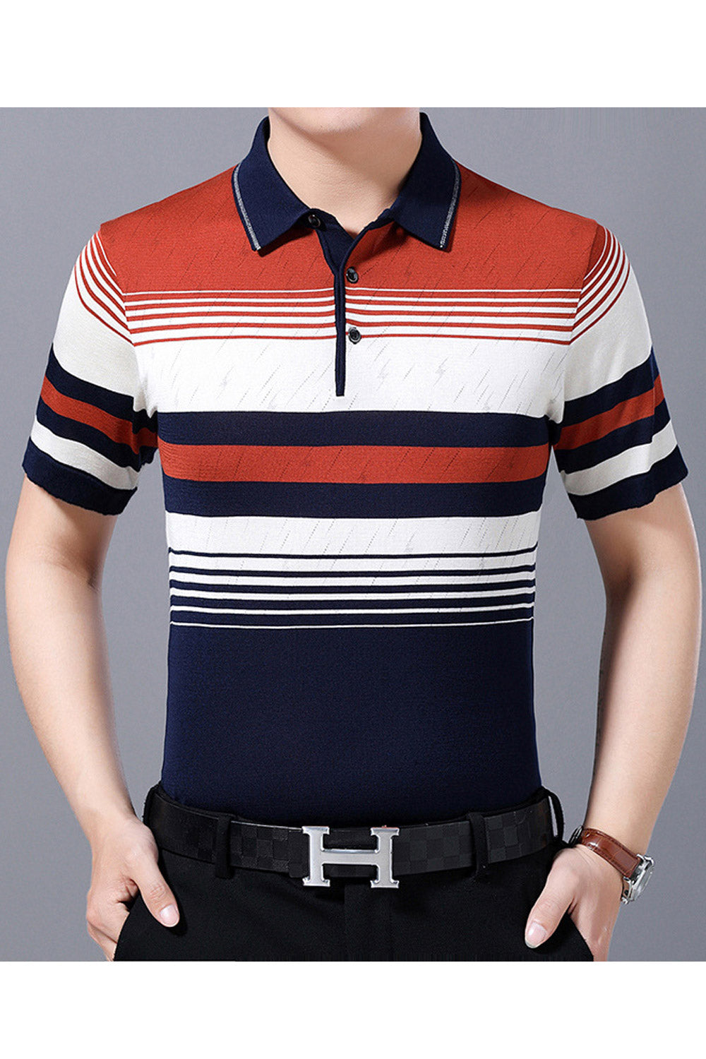 Ketty More Mens Superb Collar Neck Button Closure Stripe Pattern Simple Short Sleeve Summer T-shirt-C9158ZBTS