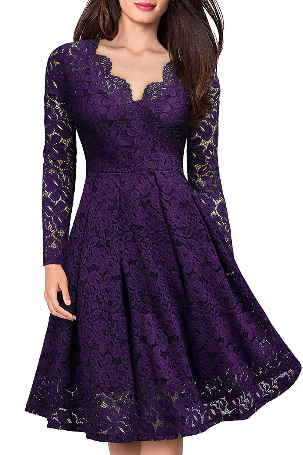 Women Alluring Lace Pattern Long Sleeve V-Neck Knee Length Beautiful Dress - WDC60209