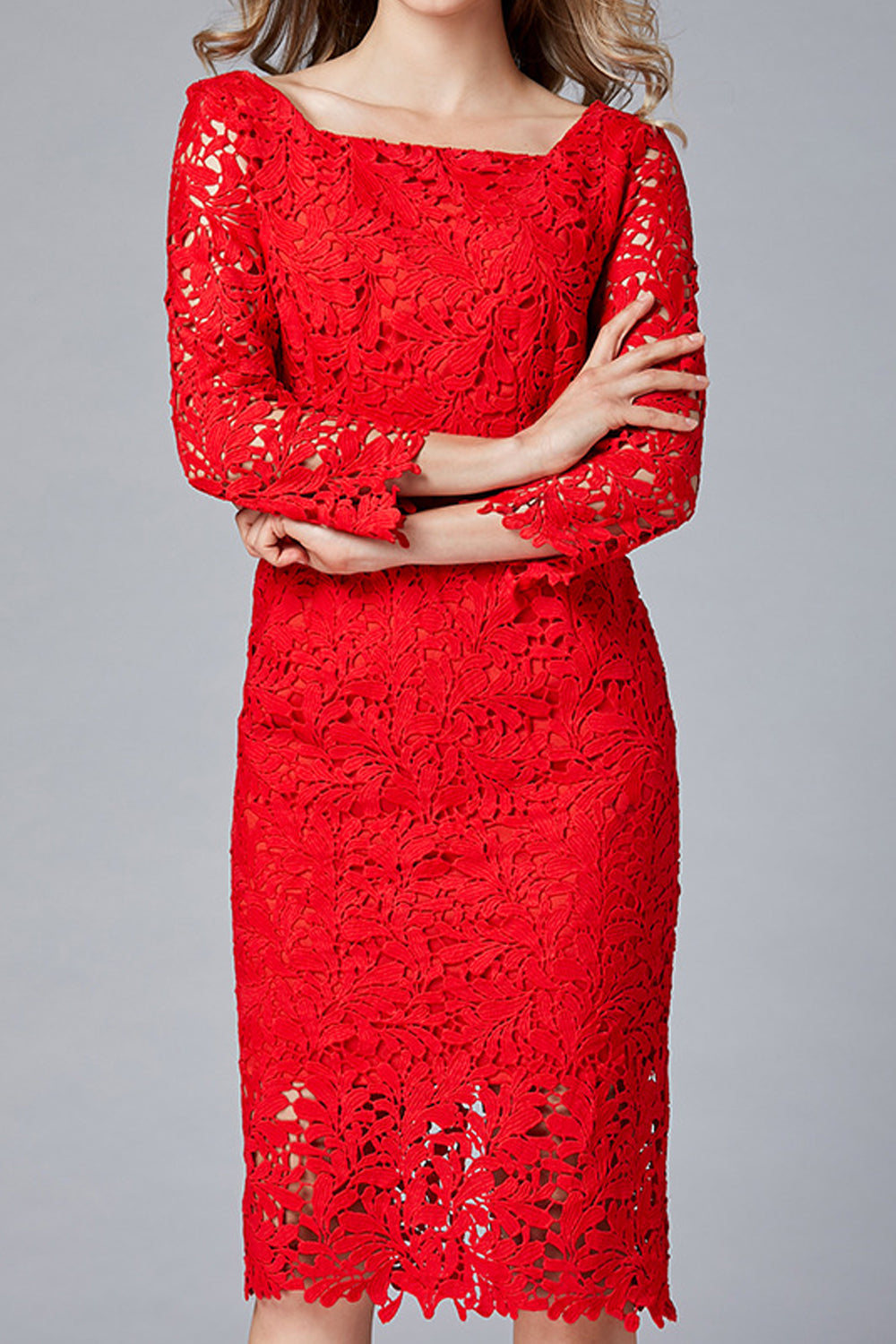 Women Charming Square Collar Red Color Floral Lace Pattern Dress - WD66709