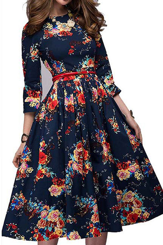 Women Floral Waist Belt Pleated Dress - C6595JPD