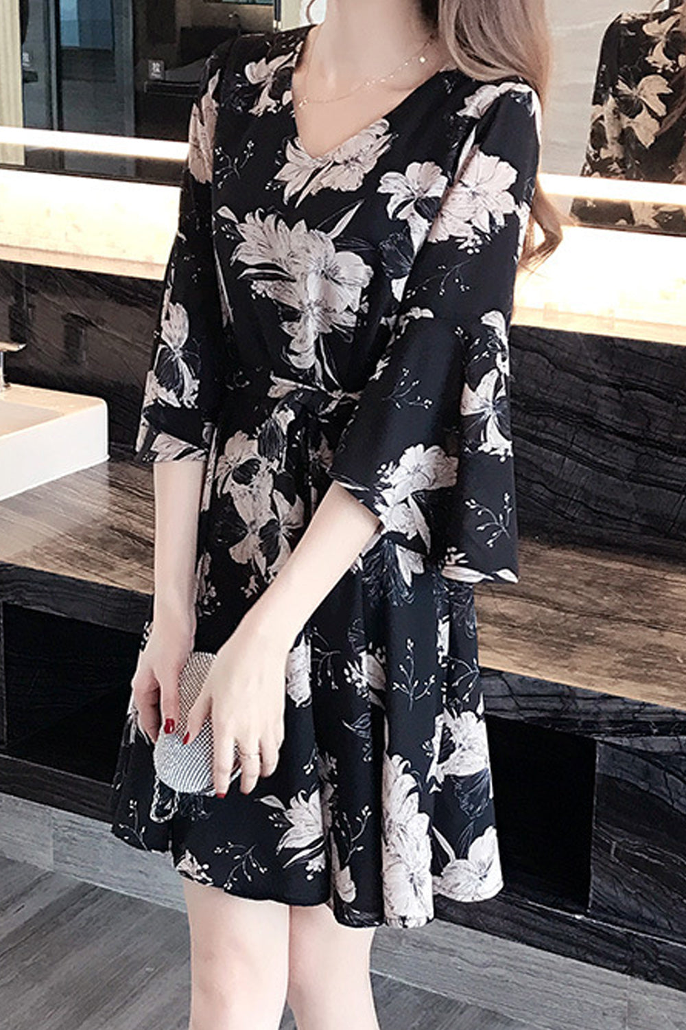 Ketty More Women V-Neck Flower Pattern Above Knee Length Chiffon Flared Sleeve Dress-KMWD67045