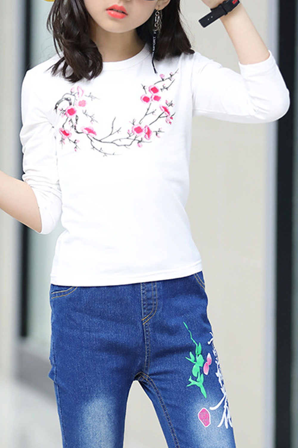 Kid Girl Beautiful Floral Printed Round Neck Long Sleeve Kind T-shirt - KGTS113364