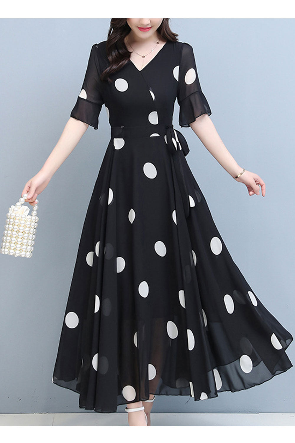 Women Fascinating Polka Doted V-Neck Short Sleeve Slim Waist Lovely Chiffon Long Skirt Dress - WD113401