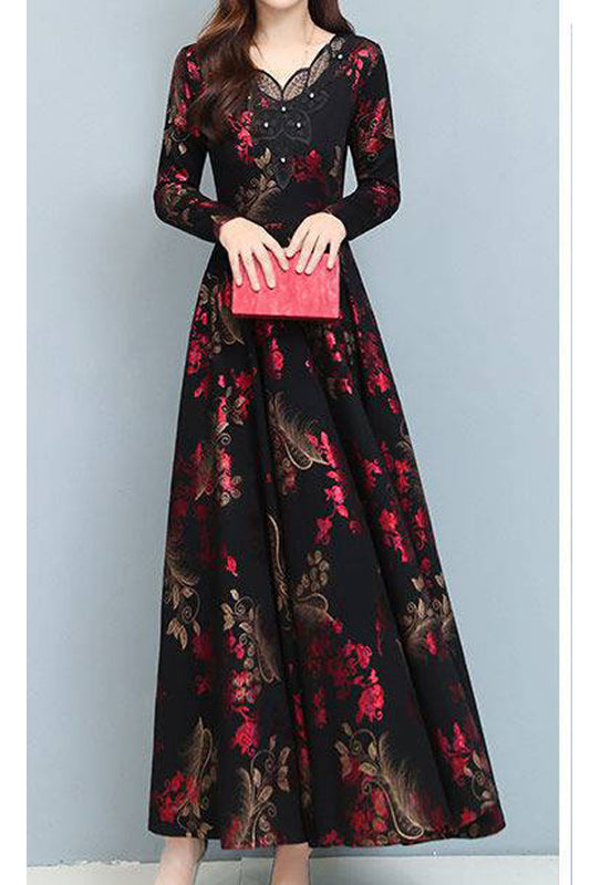 Women Beautiful Floral Pattern Long Sleeve Comfortable V-Neck Long Length Slim Waist Winter Dress - WDC14851