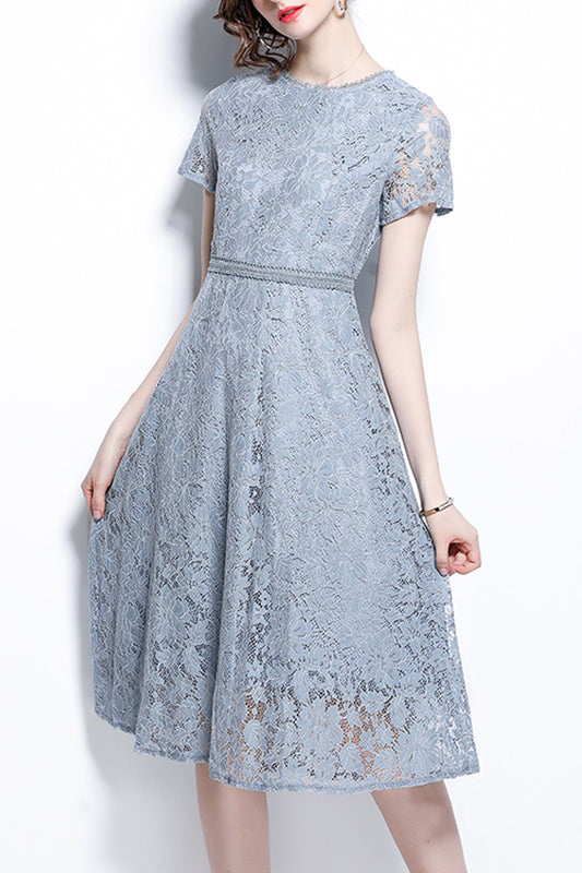 Women Short Sleeve Beautiful Lace Pattern Comfy Round Neck Loose A-Line Dress - C6894JPD