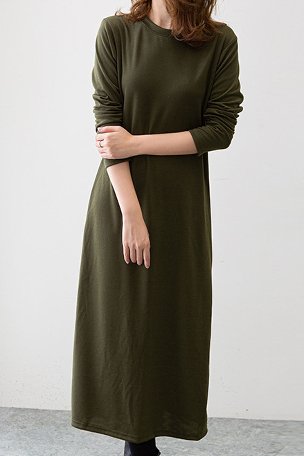 Women Long Sleeve Easy Round Neck Elegent Solid Colored Long Length Autumn Pullover Casual Dress - WD66714