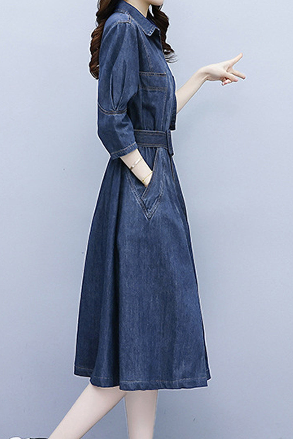 Women Stylish Collar Short Sleeve Awesome Solid Colored Mid-Length Autumn Casual Denim Dress - C2524UD