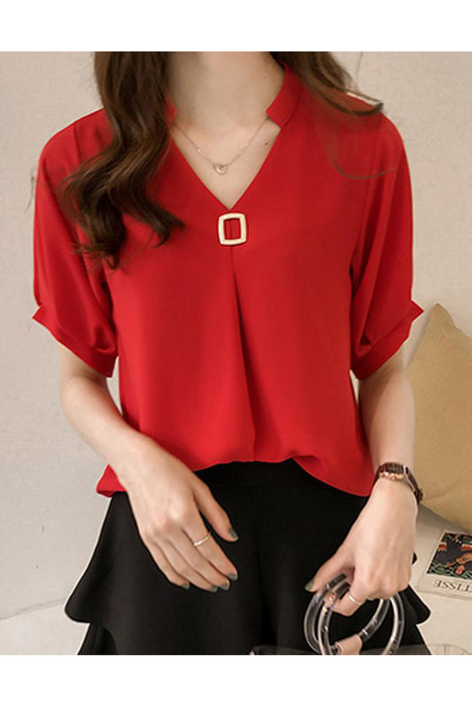 Women Magnificent Solid Colored Cool Short Sleeve V-Neck Amazing Shirt - WSB106503