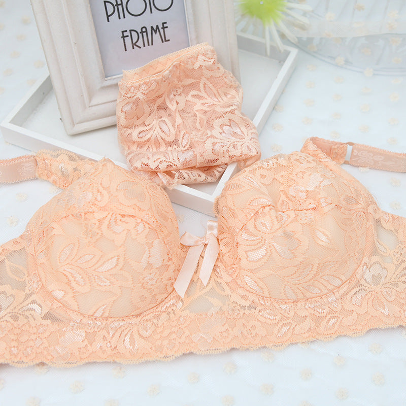 Ultra-thin full lace sexy thin cotton cup set bra plump large cup BC underwear female