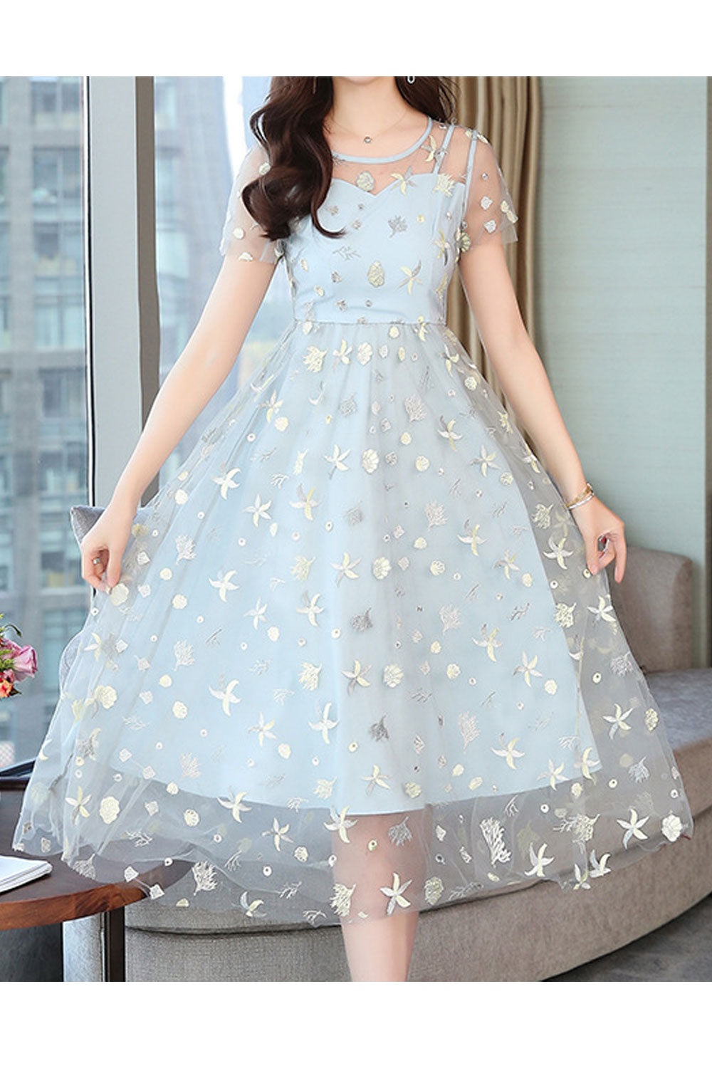 Women Splendid Sequin decorated Short Sleeve Round Neck Amazing A-Line Evening Party Skirt Dress - WD117645