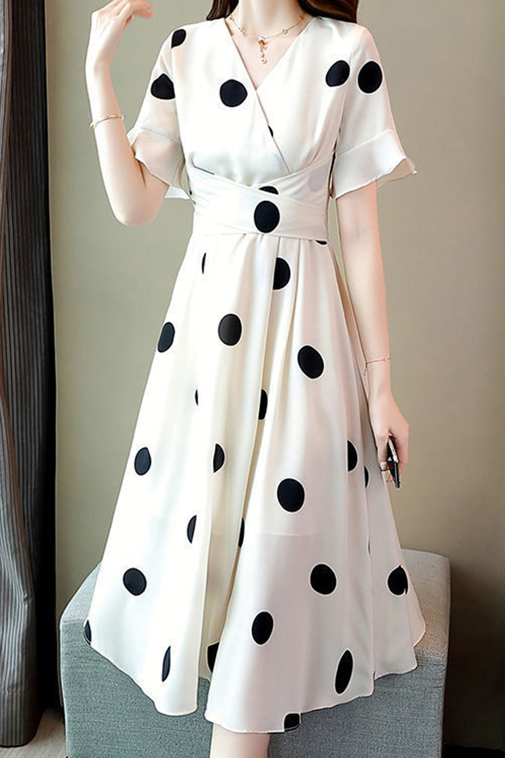 Women Ventilated Mid Length Summer Short Sleeve Outing Polka Dotted Dress - WDC60141