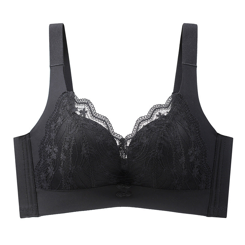 Underwear for women with large breasts showing small and thin adjustable push-up lace seamless and wire-free push-up bra to collect secondary breasts