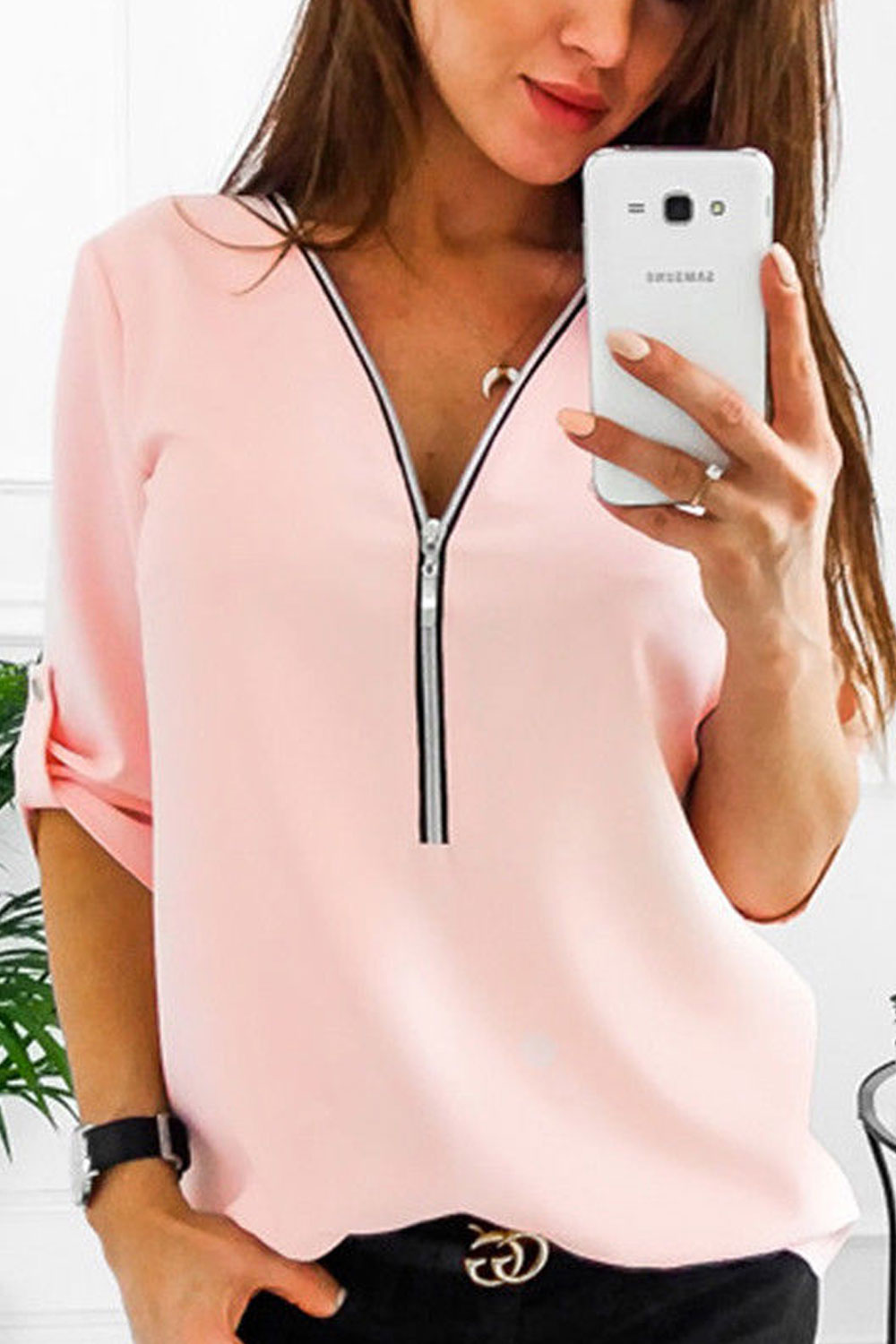 Women Restful Zip Closure Long Sleeve Strap Button Adjustable Pullover Comfy Blouse - WSB118497