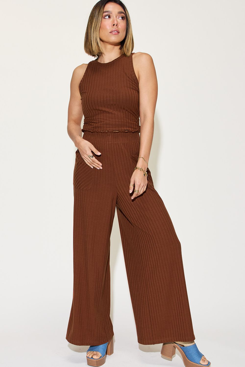 Women's Basic Bae Full Size Ribbed Tank and Wide Leg Pants Set