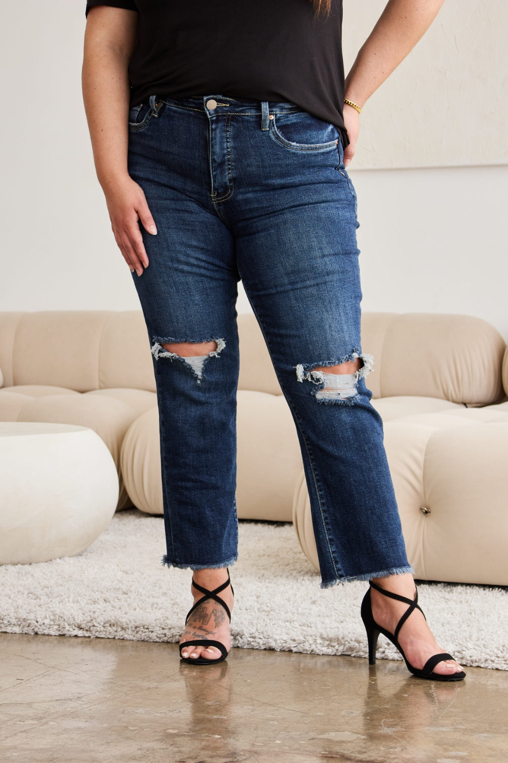 WomenRFM Crop Dylan Full Size Tummy Control Distressed High Waist Raw Hem Jeans