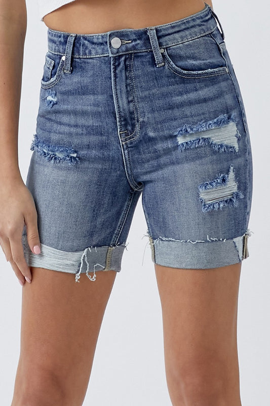 Women's RISEN Full Size Distressed Rolled Denim Shorts with Pockets