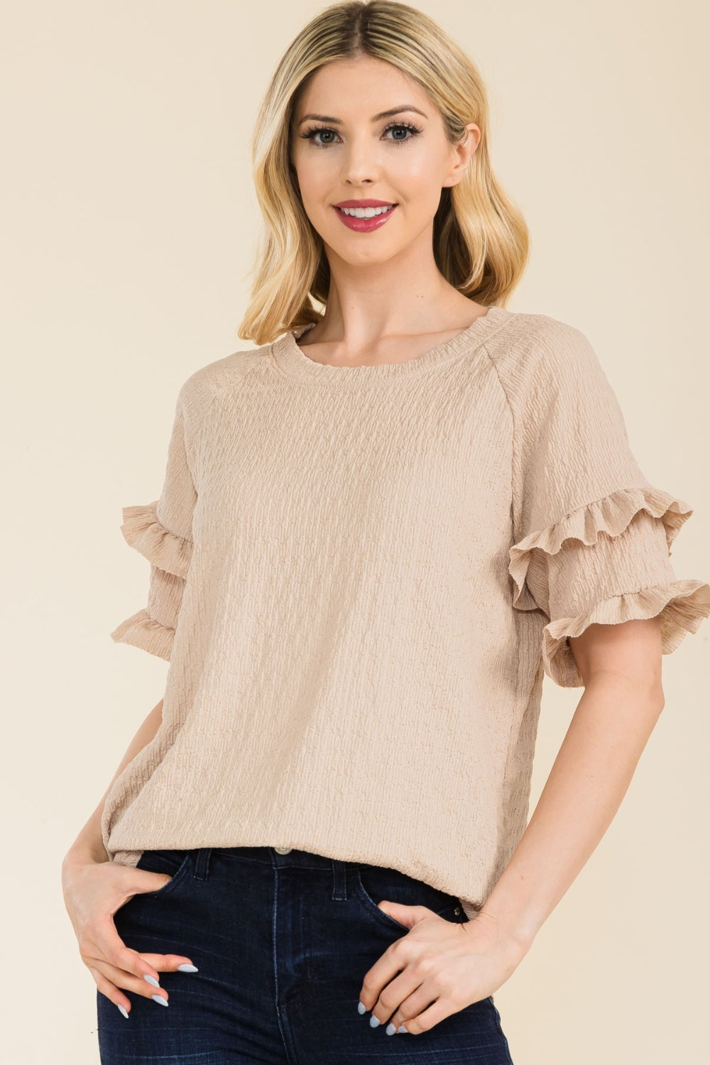 Women's Celeste Full Size Ruffle Short Sleeve Texture Top