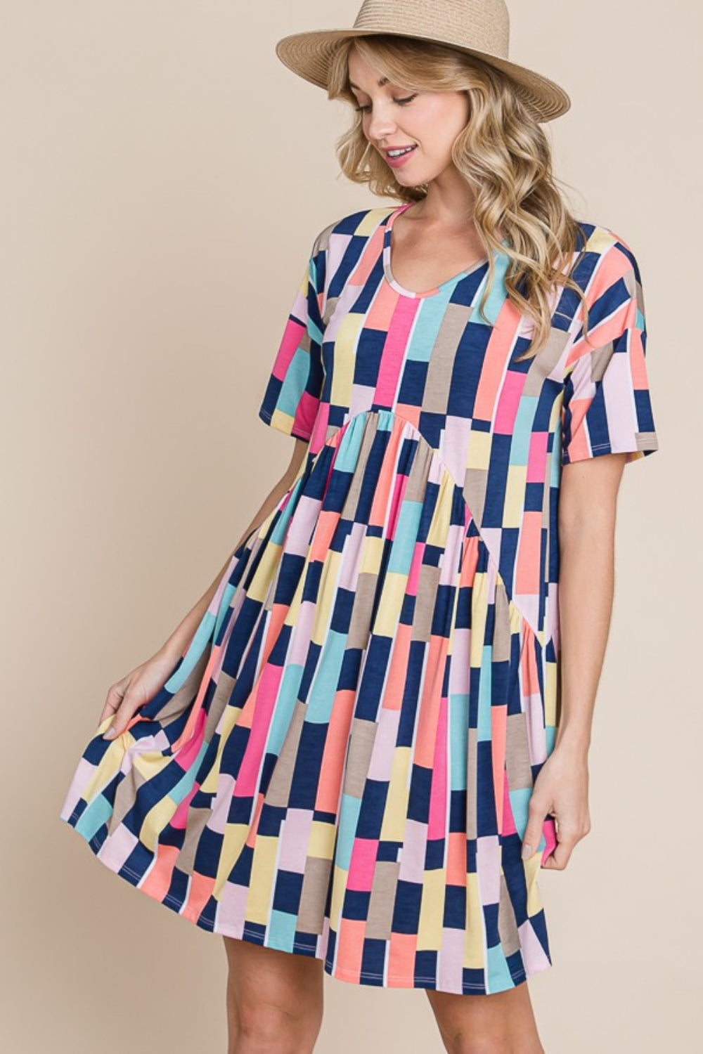 Women's BOMBOM Ruched Color Block Short Sleeve Mini Dress