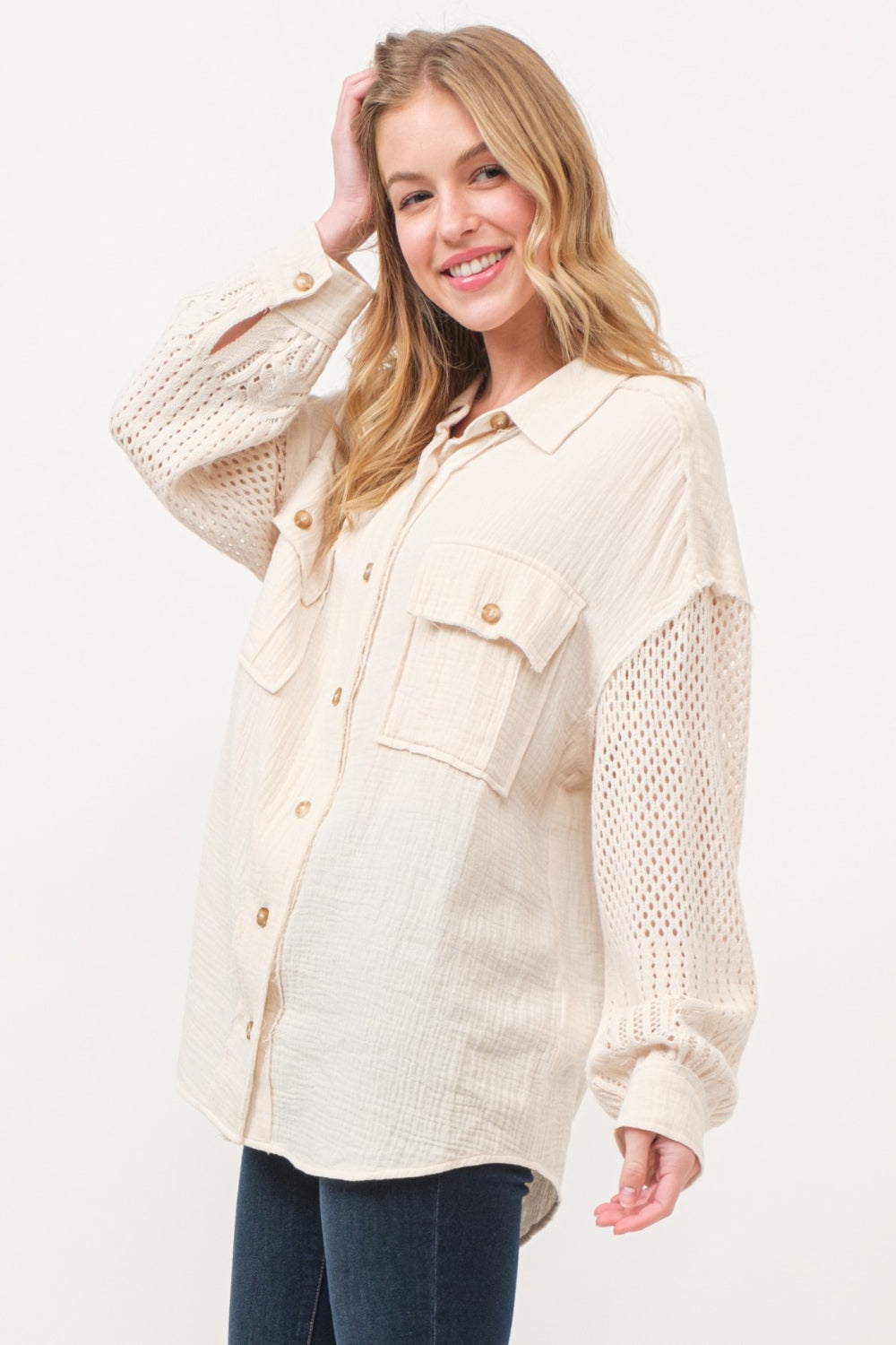 Women's And The Why Texture Button Up Openwork Shirt