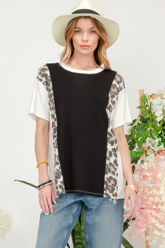 Women's Celeste Full Size Leopard Color Block T-Shirt