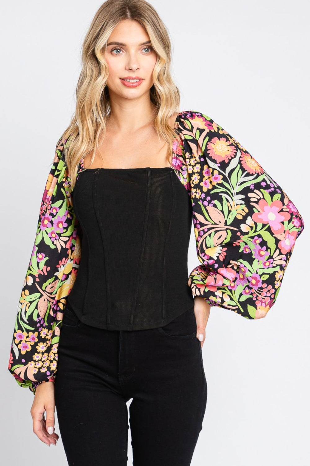 Women's ODDI Full Size Floral Balloon Sleeve Blouse