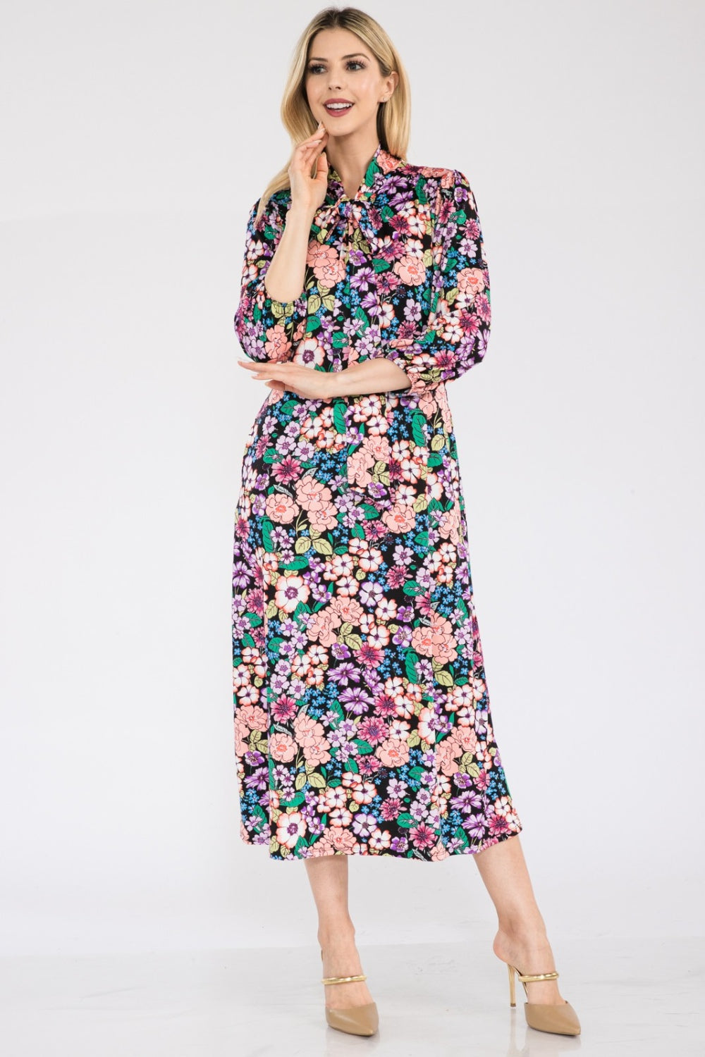 Women's Celeste Full Size Floral Midi Dress with Bow Tied